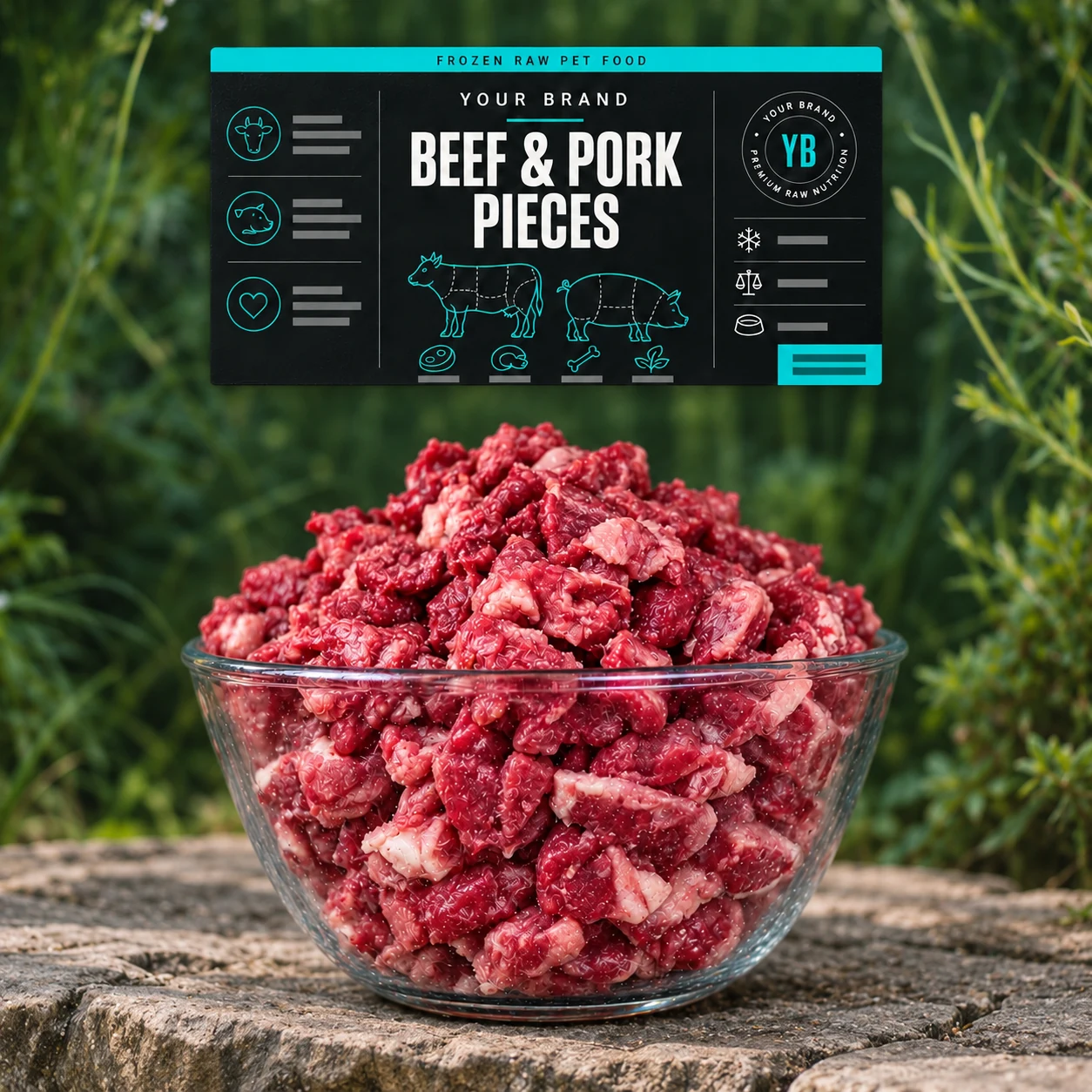 Illustrative cut beef and pork pieces with the matching detailed YOUR BRAND label on a natural green background
