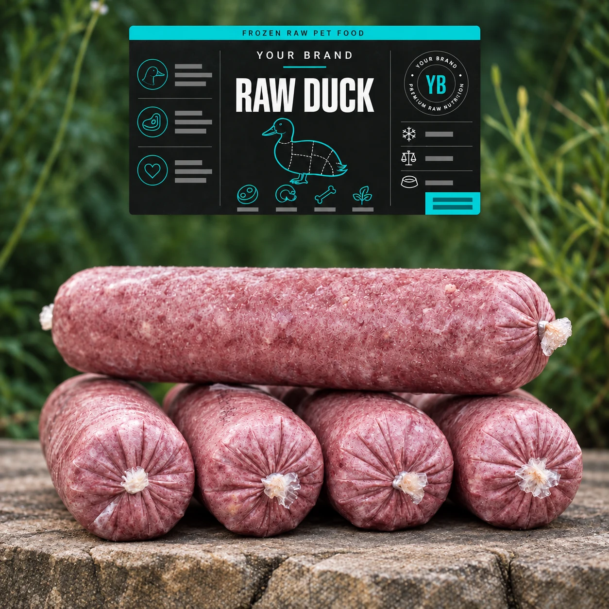 Illustrative frozen raw duck rolls with matching YOUR BRAND label swatch on a natural green background