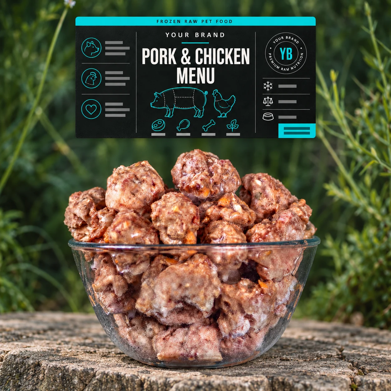 Illustrative pork and chicken menu with the same detailed YOUR BRAND label design and natural green background