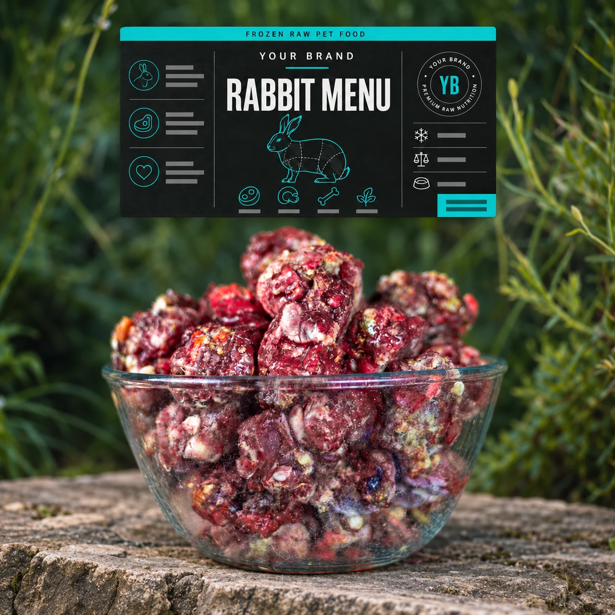 Illustrative rabbit menu and detailed YOUR BRAND label on a natural green background, adapted from BARFER photography